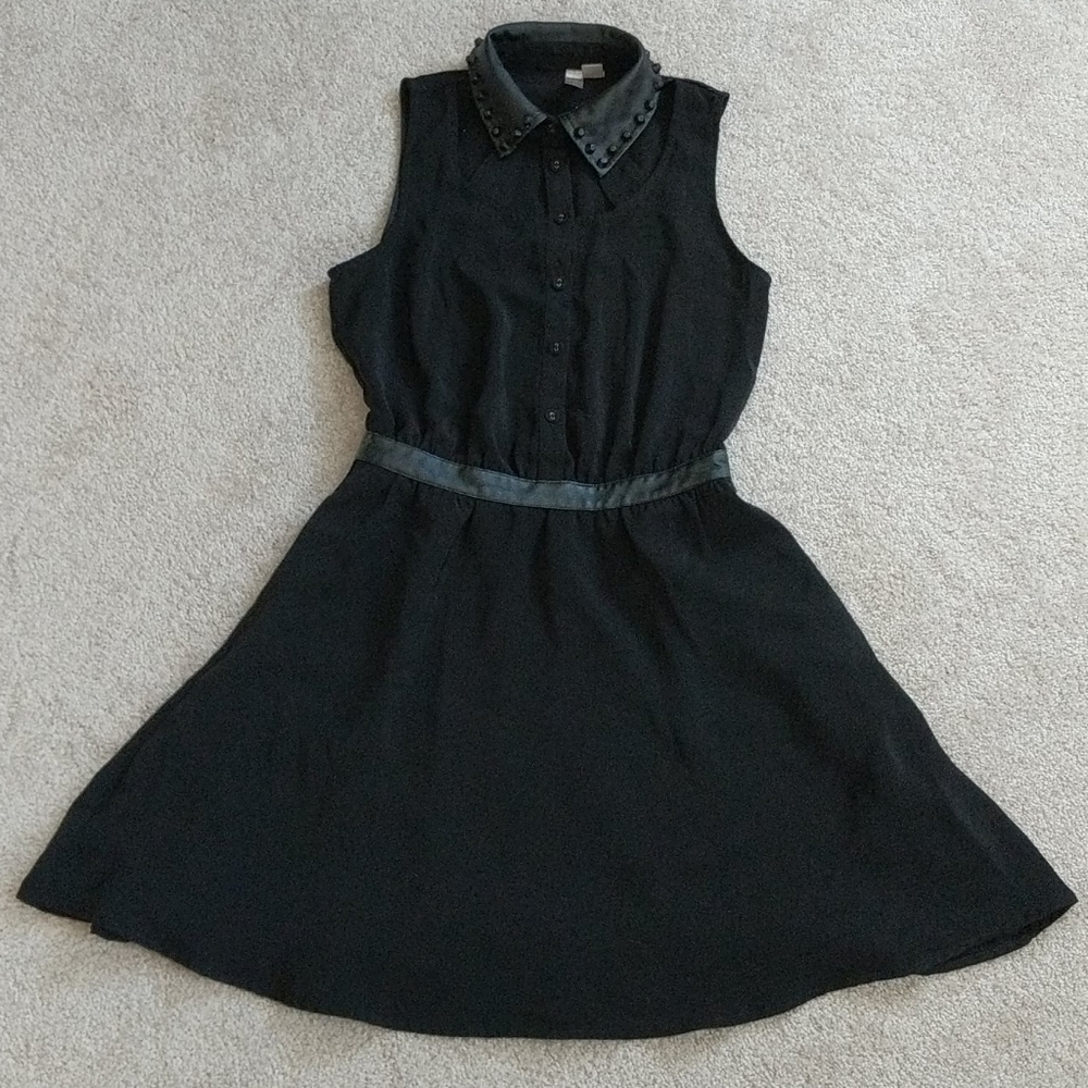 Black Button Up Dress with Studded Leather Collar